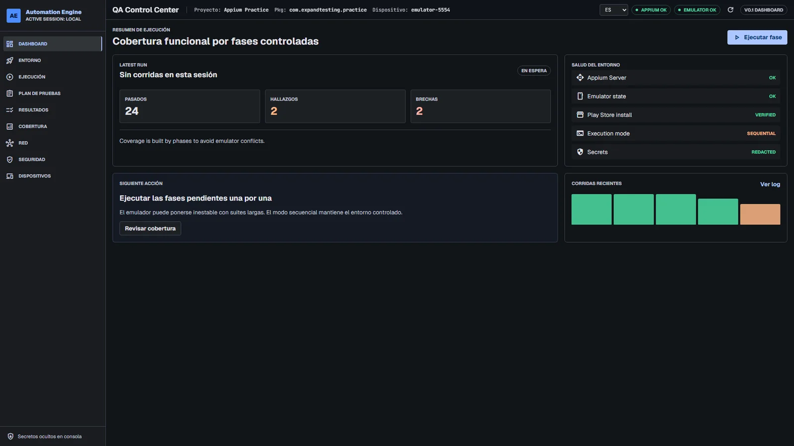 Captura oficial del dashboard QA Control Center